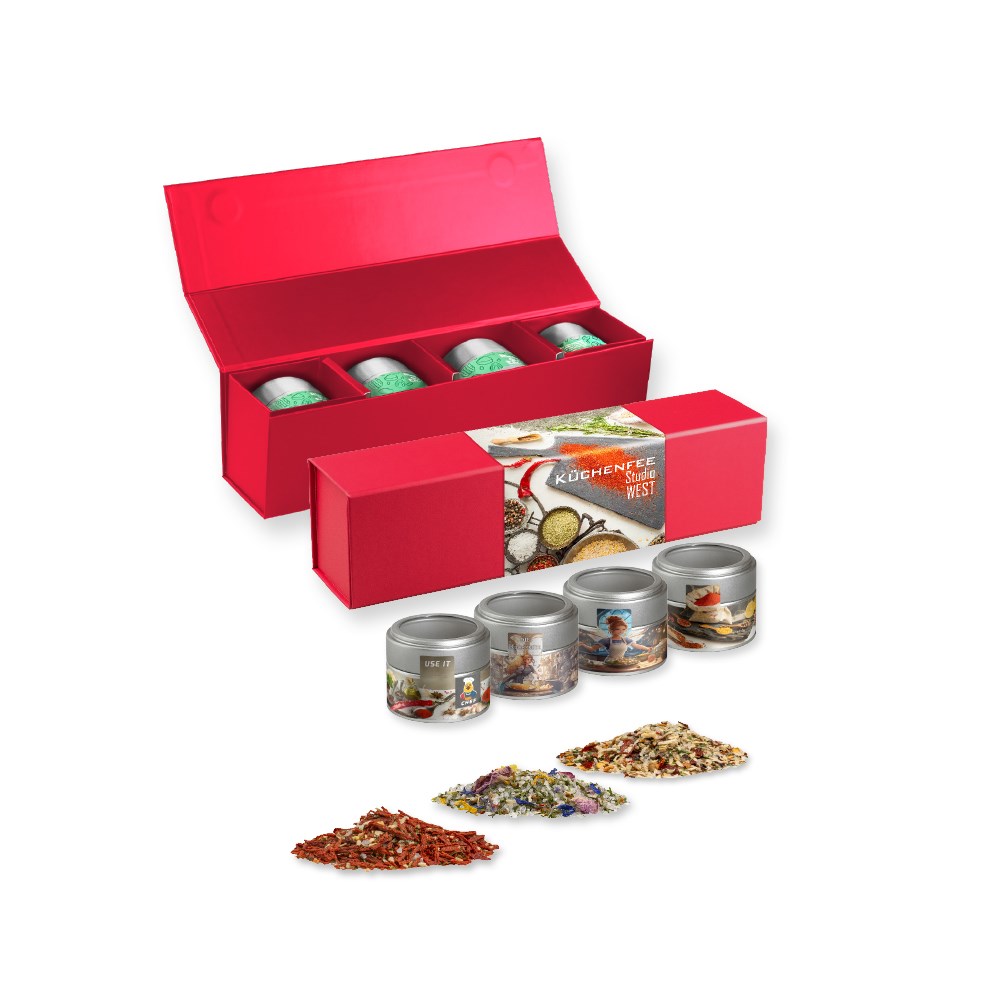 Product Image for verschiedene Gewürzmischungen (Kategorie 1), ca. 160-440g, Geschenk-Set Premium rot mit Magnetverschluss und 4 Metalldosen Mini mit Sichtfenste