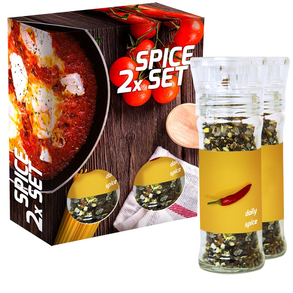Product Image for verschiedene Gewürzmischungen (Kategorie 1), 70-160g, 2er Set Glas mit Kunststoffmahlwerk in Faltschachtel